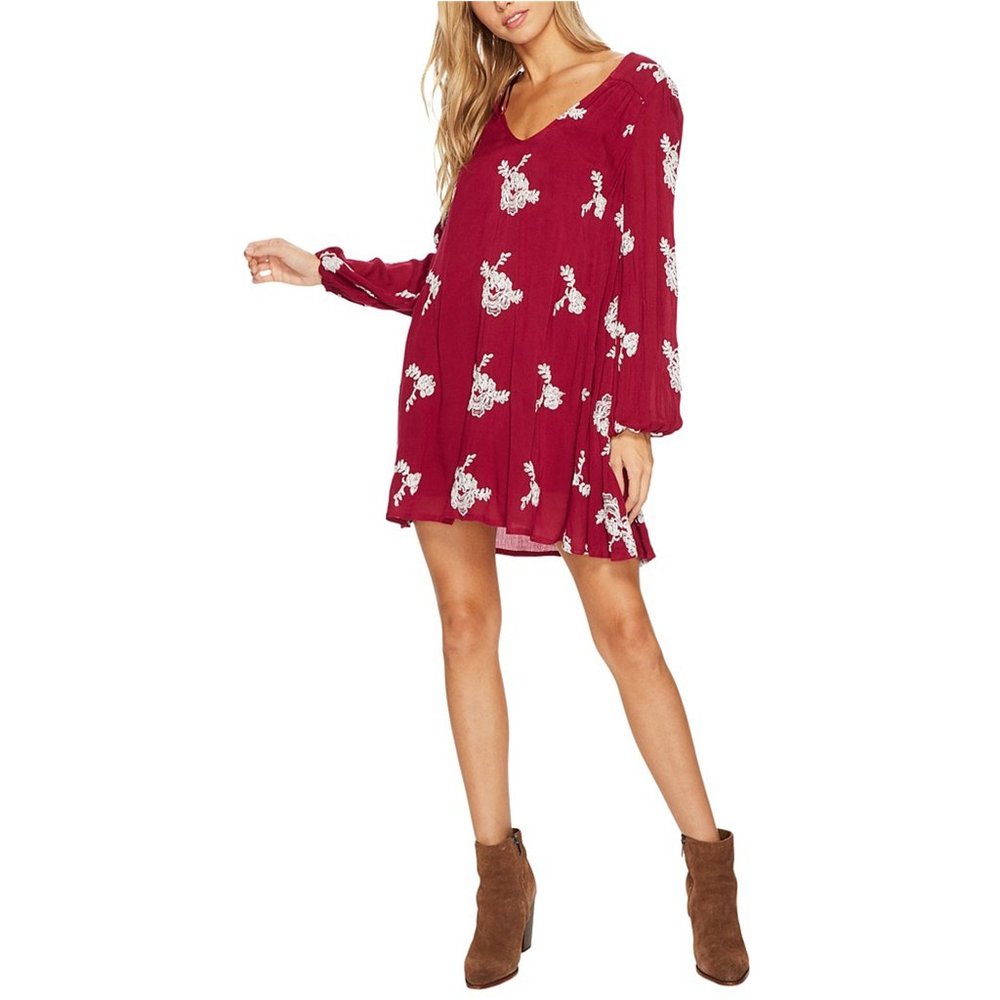 Free People Emma Swing Burgundy Embroidered Dress Long Sleeve Size Large